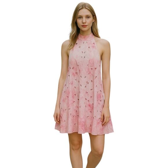 Free People Pink Ombre Tie Dye Eyelet Linen Trapeze Flowy Mini Dress - Picture 1 of 11